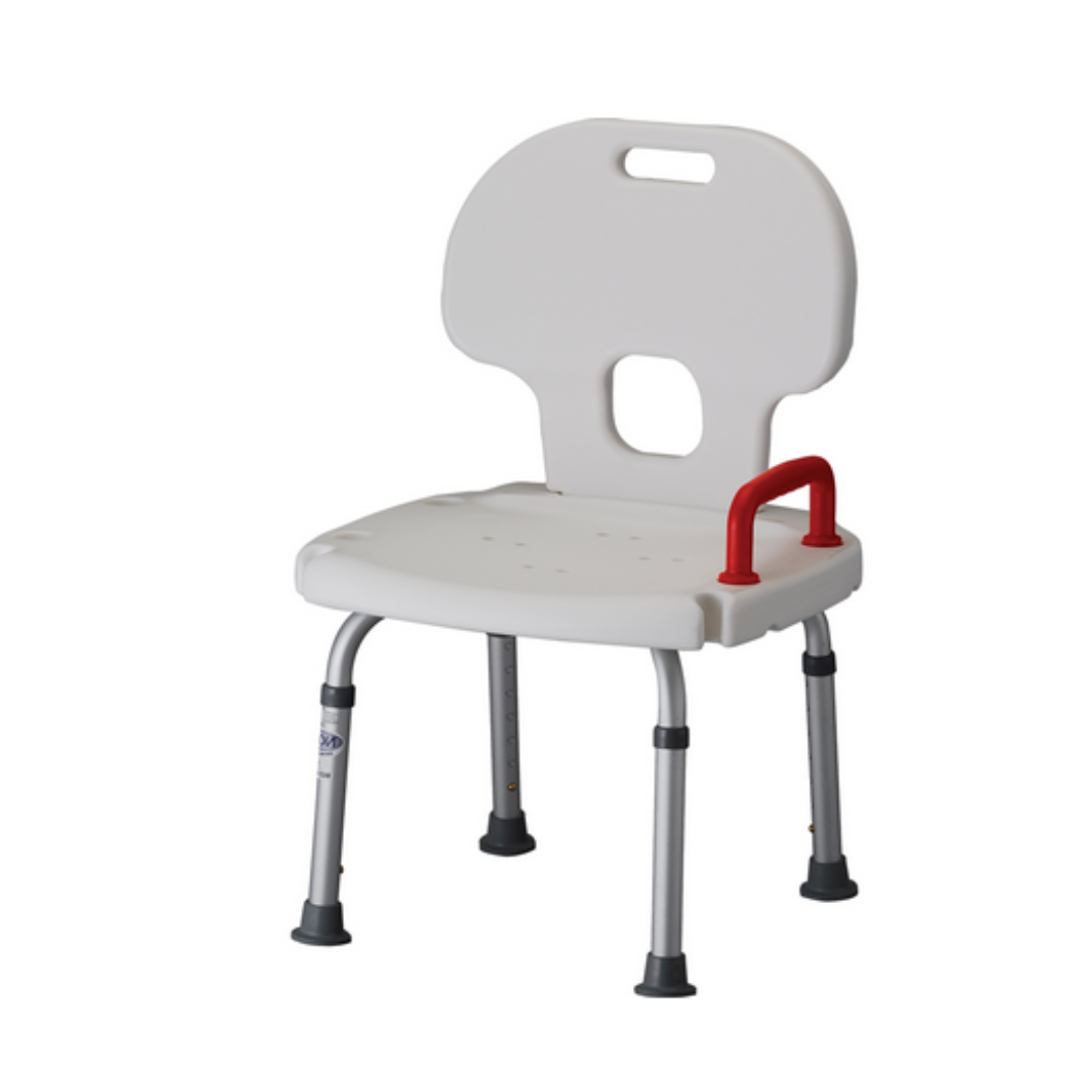 The Nova Medical Bath Seat With Back & Red Safety Handle is a white chair with a contoured backrest, red safety handle, and textured seat with drainage holes for comfort. Its adjustable silver legs have non-skid rubber tips for stability.